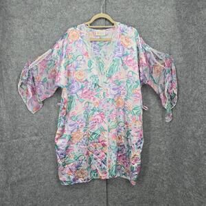 Vintage California‎ Dynasty Women's Robe Large Satin Floral Lace Trim Kimono USA